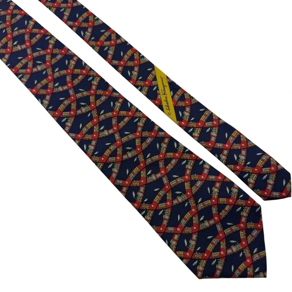 Salvatore Ferragamo Blue Red‎ Train Print Pure Silk Necktie Made in Italy 57x3.5